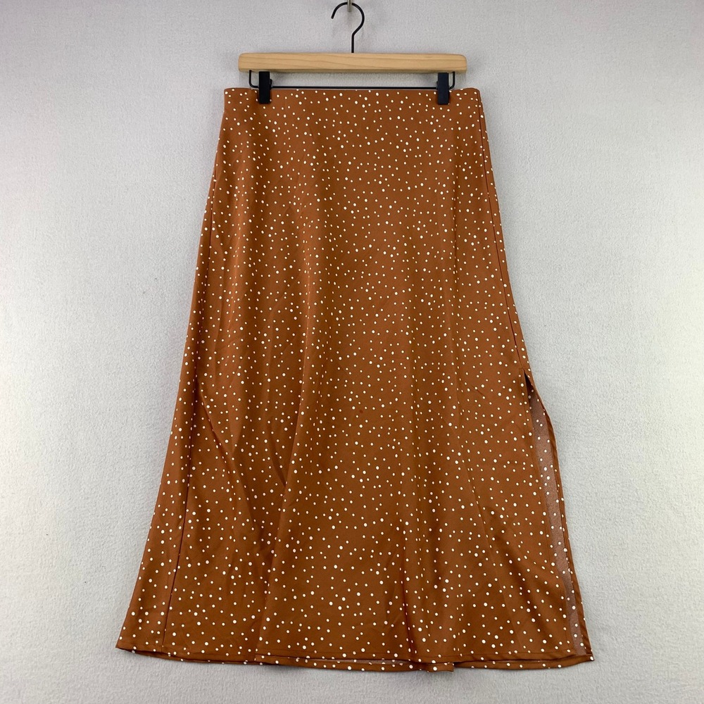 A New Day Polka Dot Satin Midi Skirt Women Size M Brown Casual Side Slit
